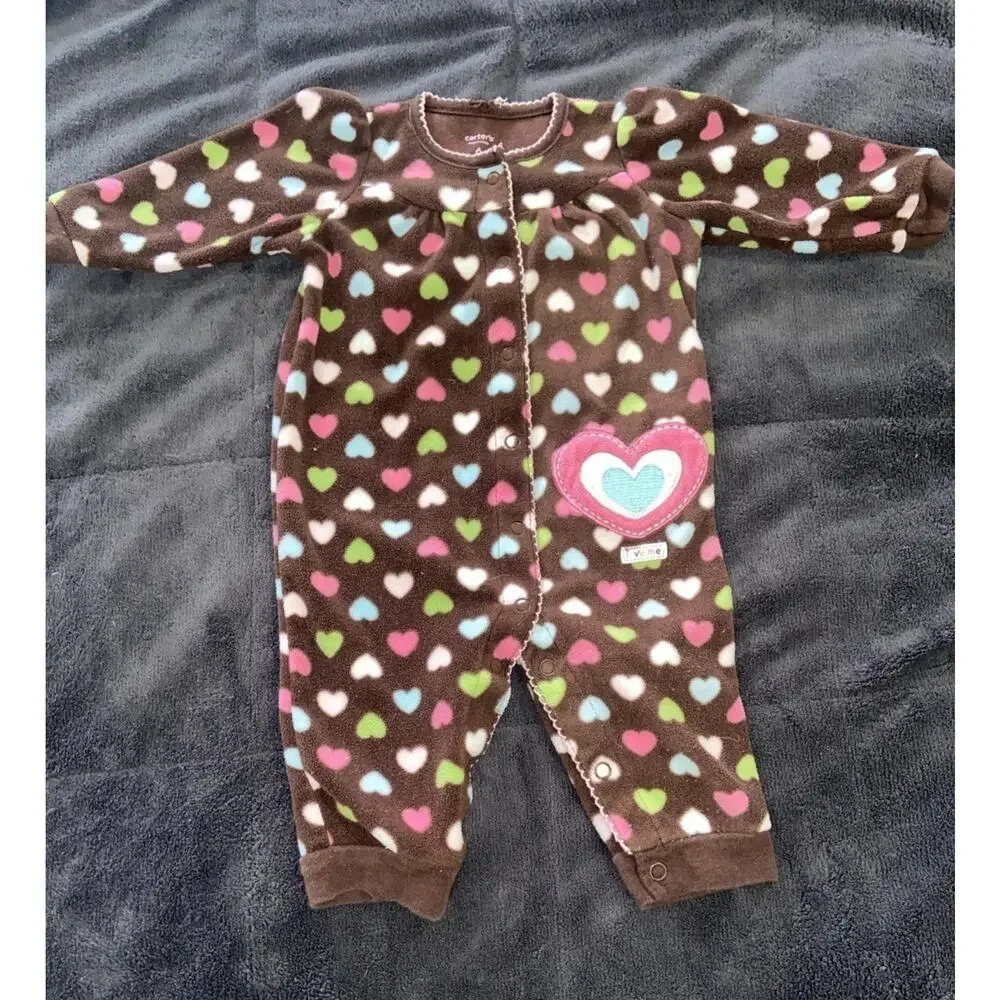 6 Month Carter's Brown Fleece Heart Print Snap Up Pants Coverall Outfit